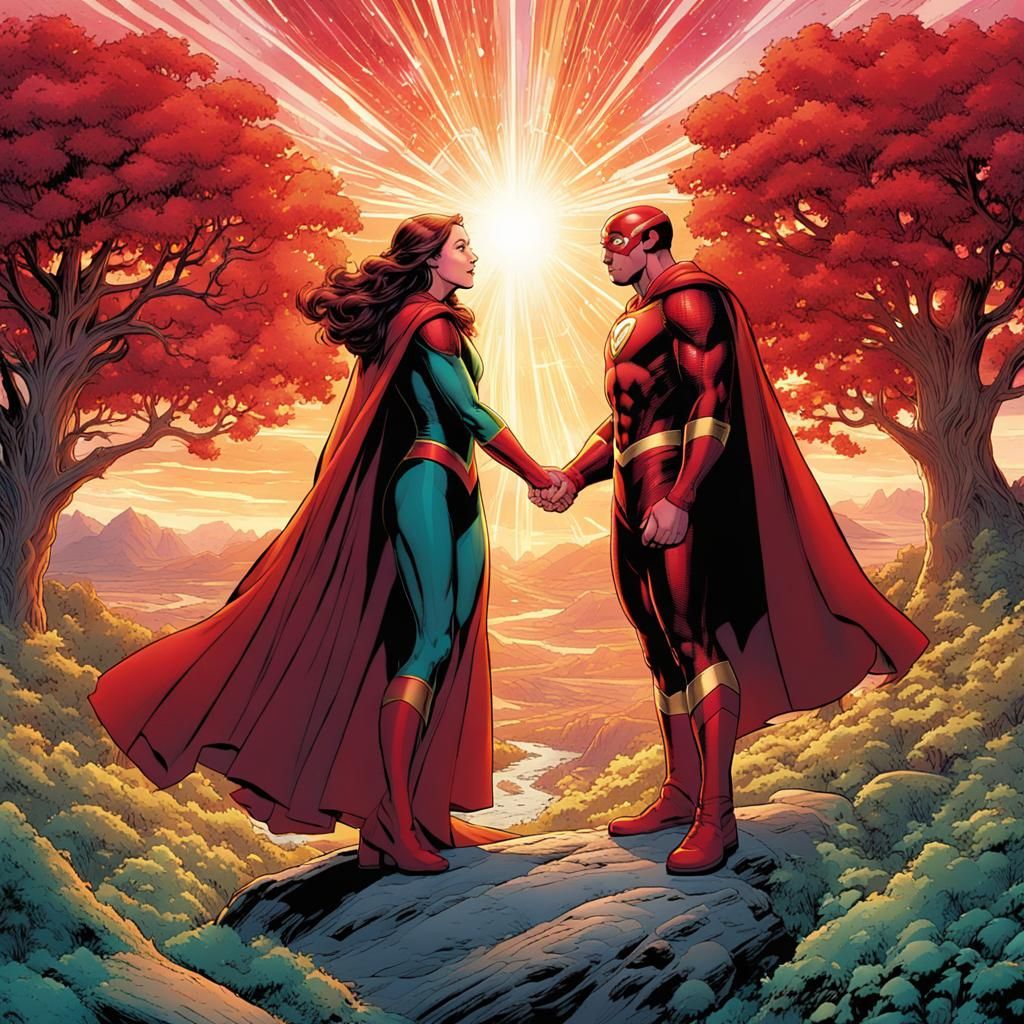 Wanda and Vision Embrace in Comic Book Art
