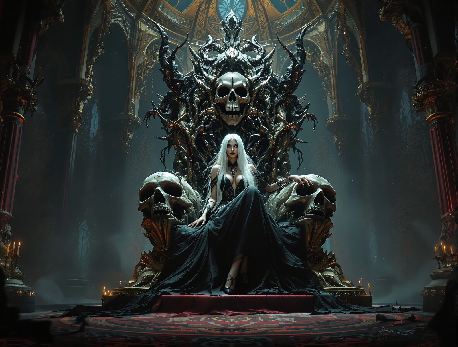 Gothic Elven Queen on Skull Throne in Dark Fantasy Style
