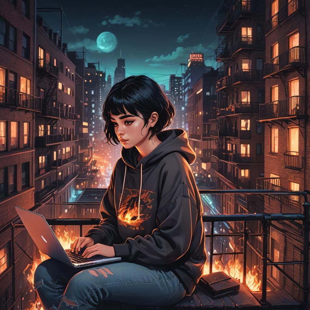 Girl Blogging in Burning City, Digital Art