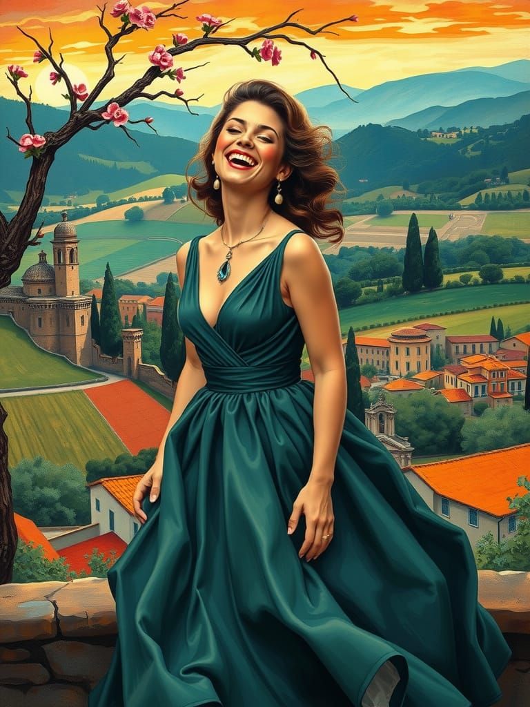 Laughing Italian Lady in Tuscan Landscape, Art Nouveau