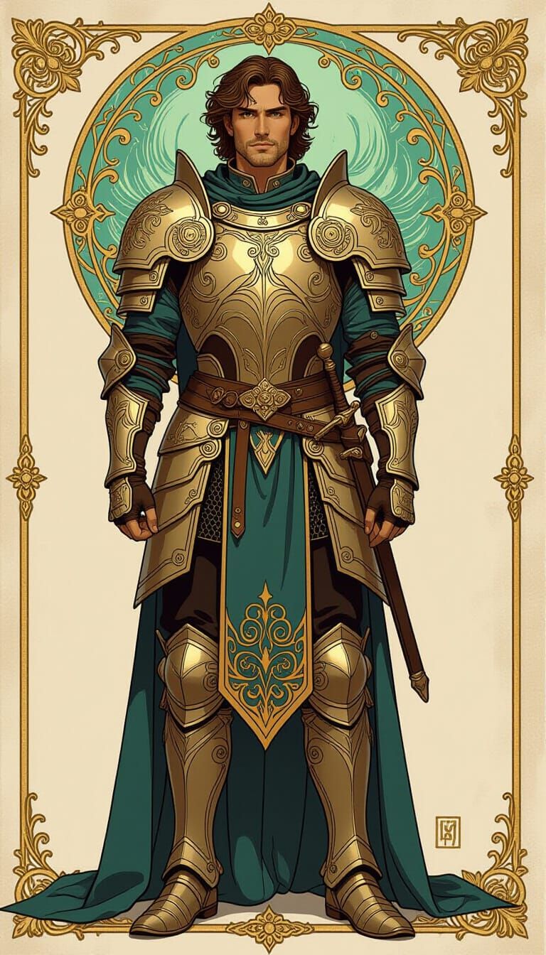 Hero in Ornate Armor, Art Nouveau Illustration