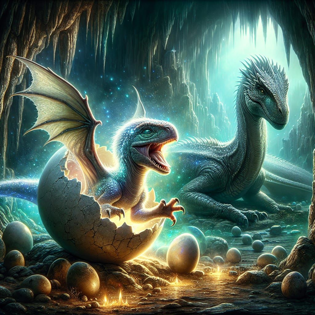 Newborn Dragon Hatching in a Mystic Cave