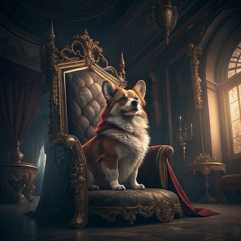 Regal Corgi on Ornate Throne in Grand Chamber