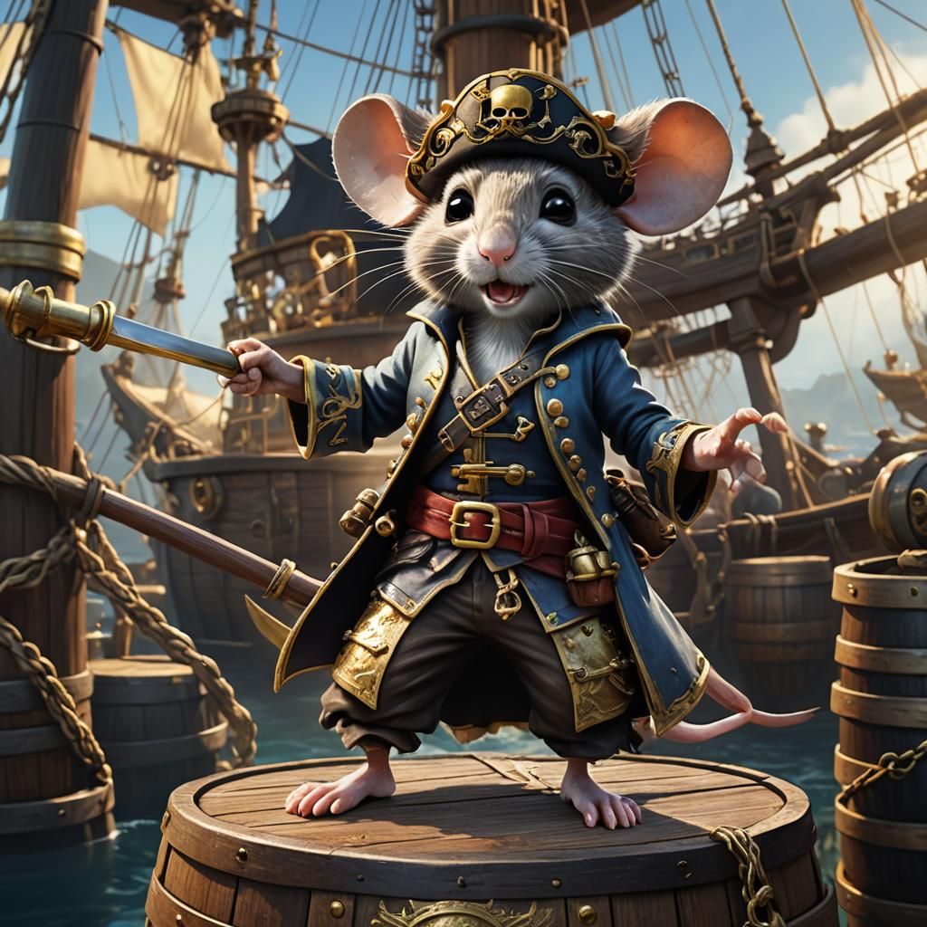 Pirate Mouse Ready for Battle on Ship