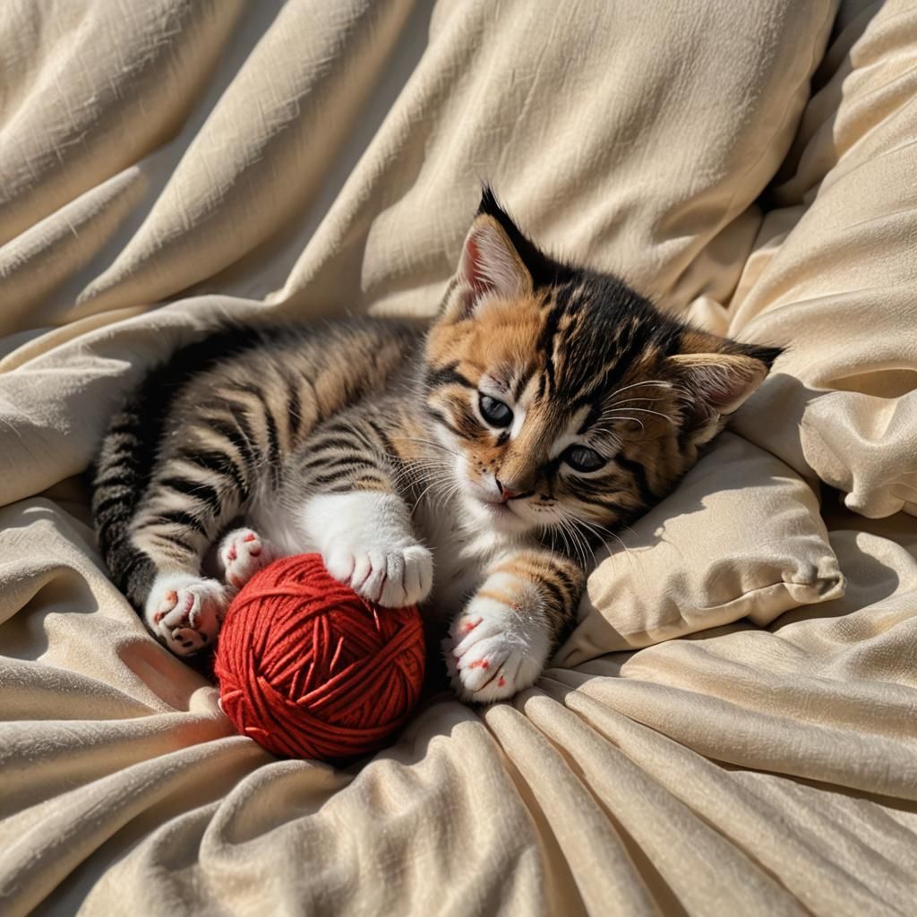 Sleepy Tiger Kitten with Yarn in Sunlight