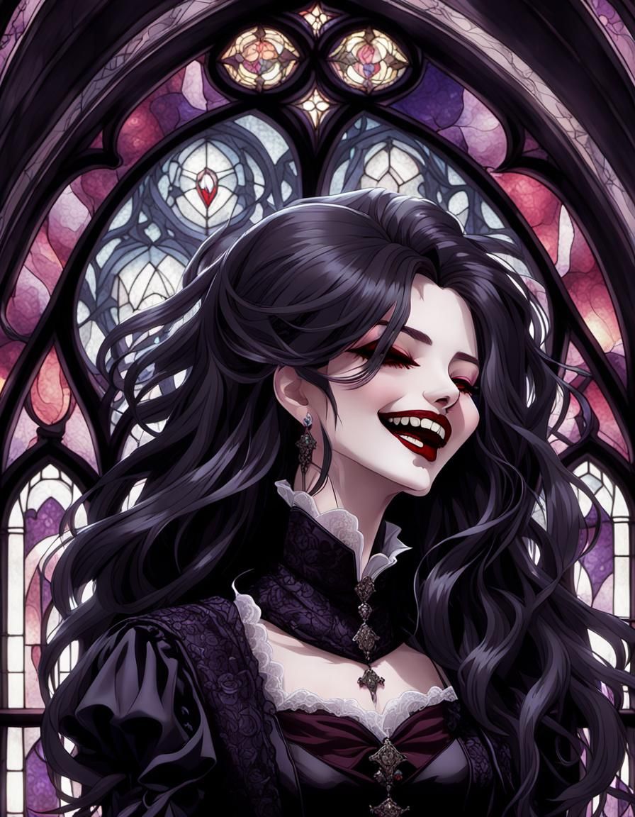 Laughing Vampire Woman in Dark Gothic Anime Style