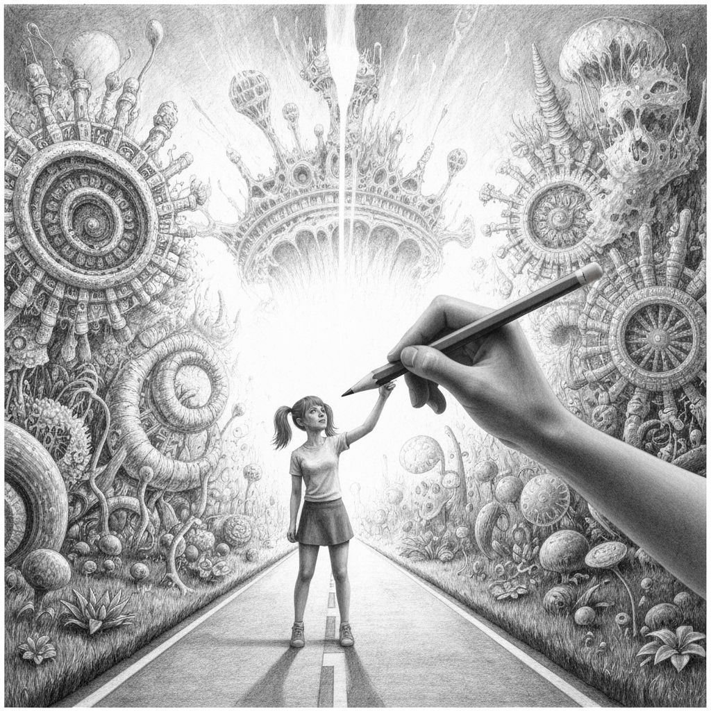 Redhead Woman Creates Alien World With Magical Pencil