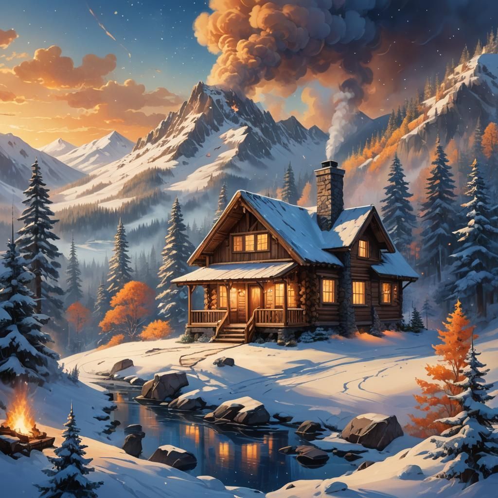 Cozy Cabin in Winter Landscape: Fantasy Concept Art