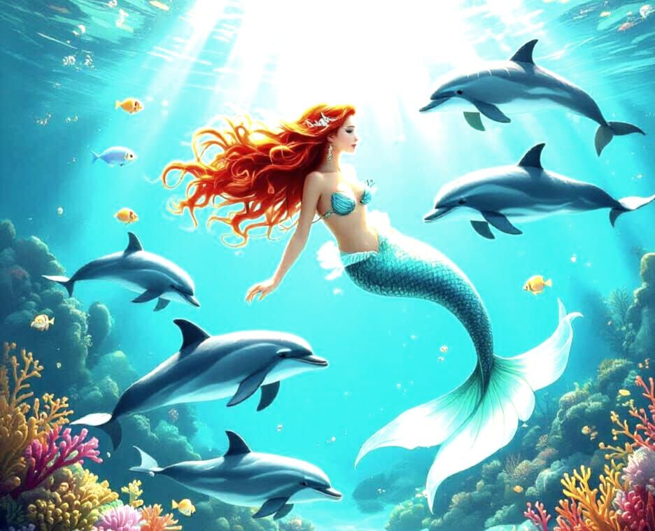 Mermaid and Dolphins in Sunlit Coral Reef