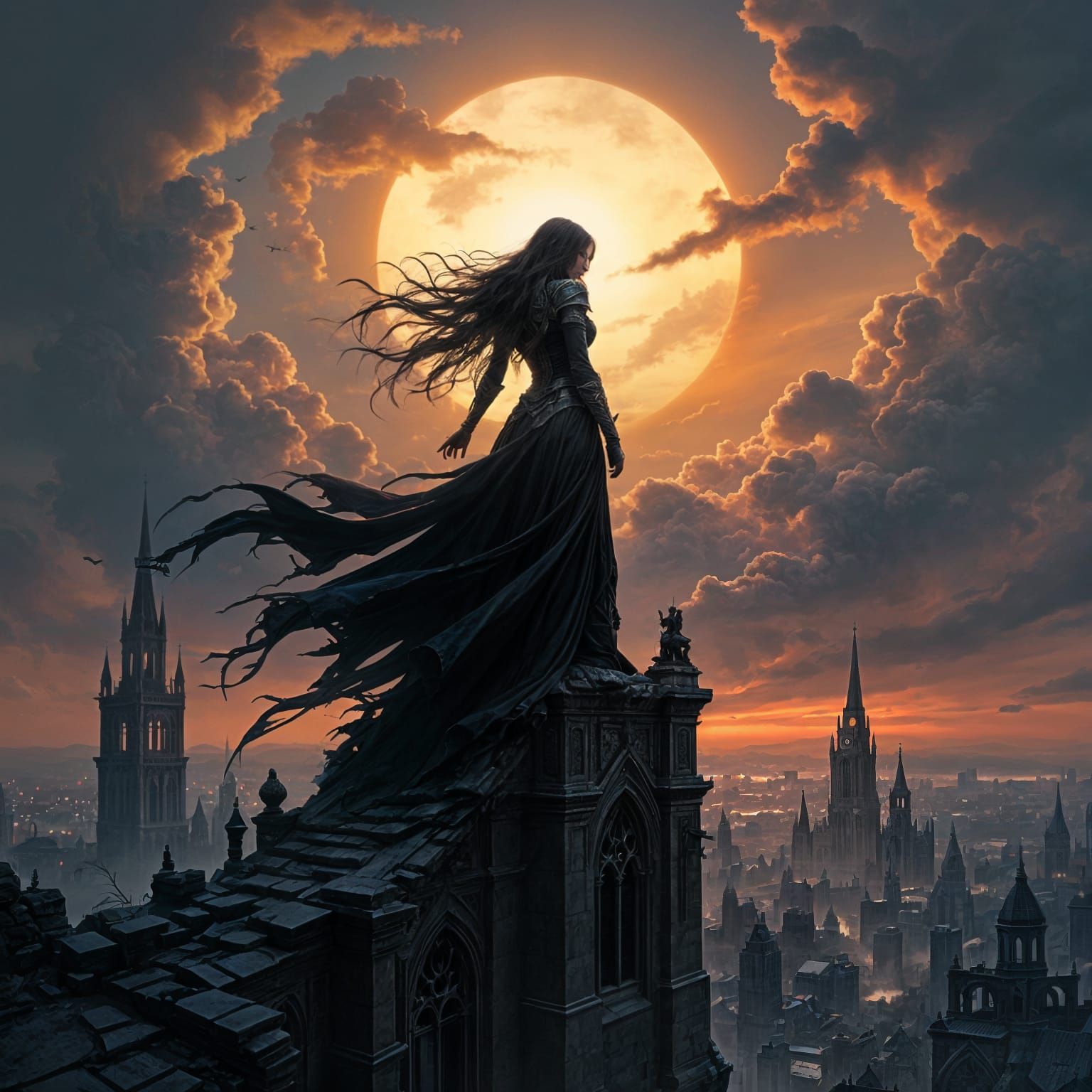 Sorceress on Gothic Tower Overlooking Ruined City