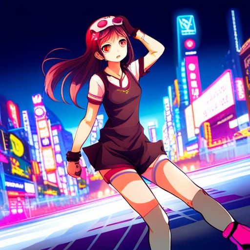 Asian Girl Roller Skating in Neon City, Anime Style