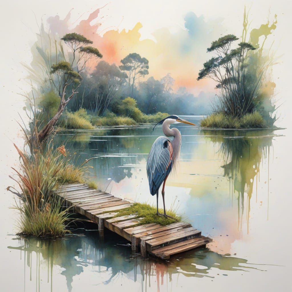 Dreamlike River Delta at Sunset with Heron