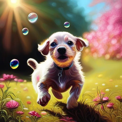 Puppy's Joy: A Hyperrealistic Painting of Bubbles