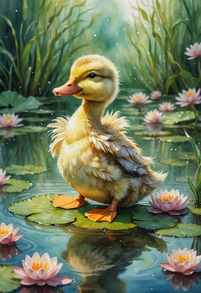 Duckling in Pond: Whimsical Watercolor Illustration