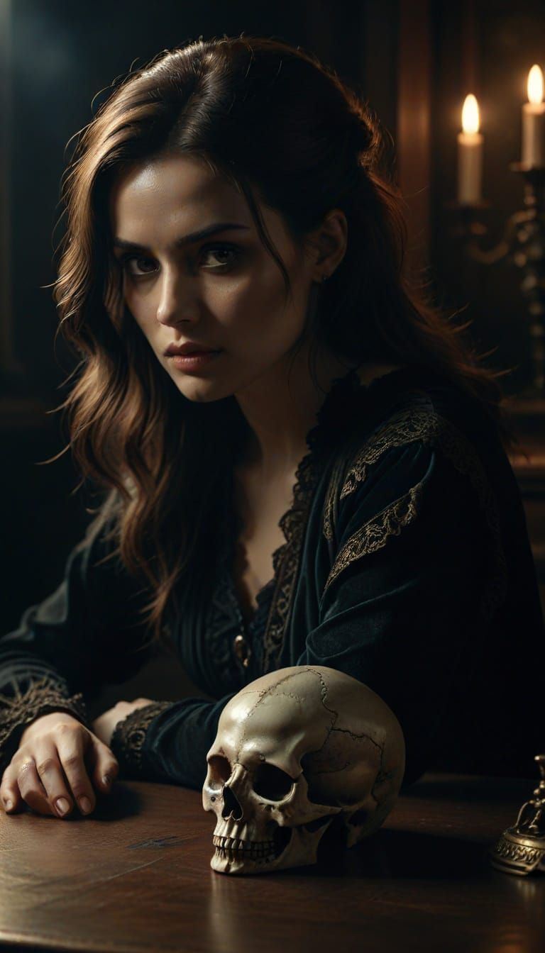 Eerie Dark Fantasy Portrait of Brunette with Raven