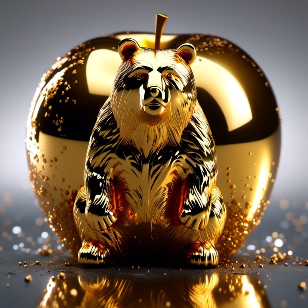 Obese Bear Reflection in Mirrored Golden Apple