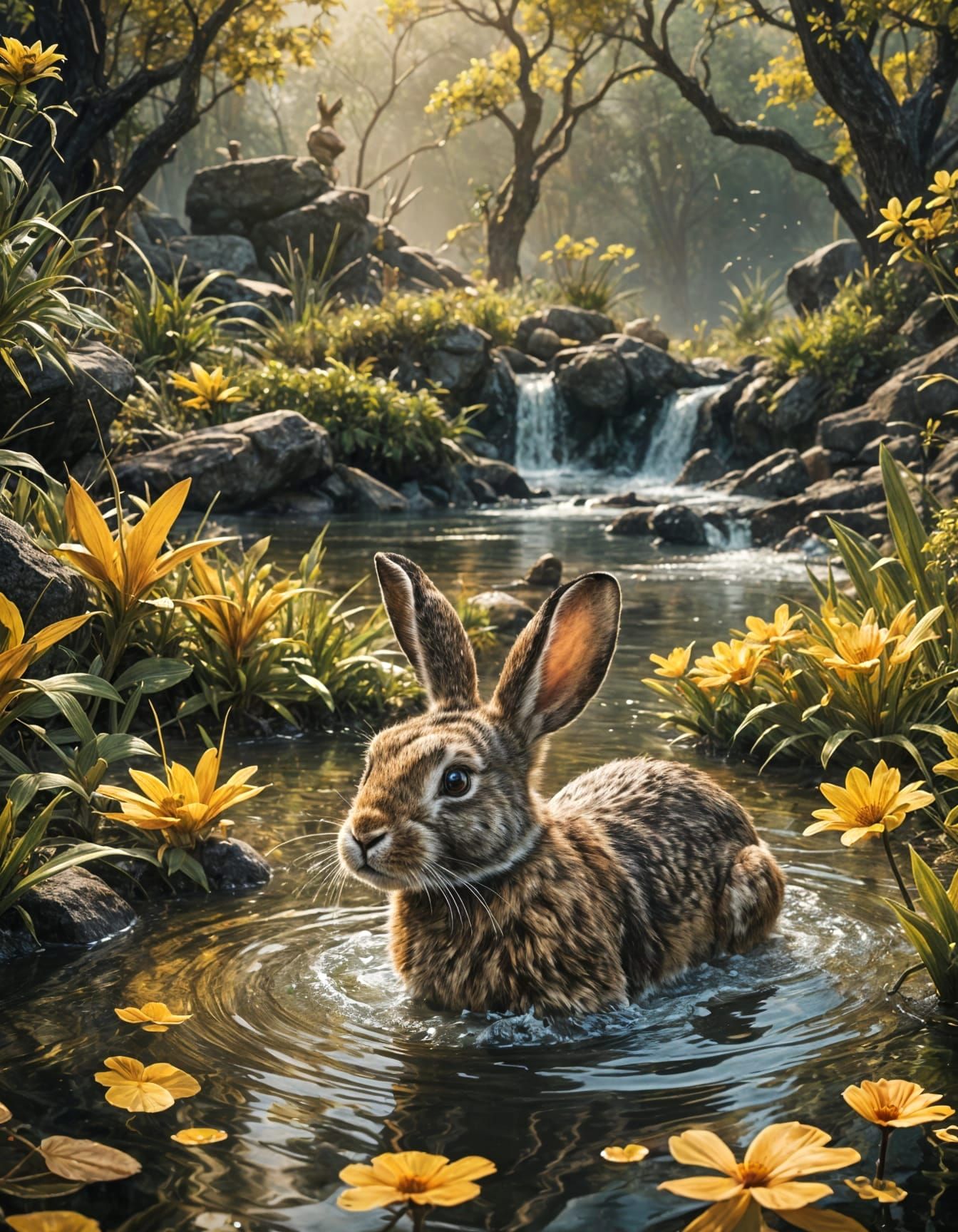 Luxurious Landscape image of wild female rabbit playing in the water. detailed matte painting, deep color, fantastical, ...