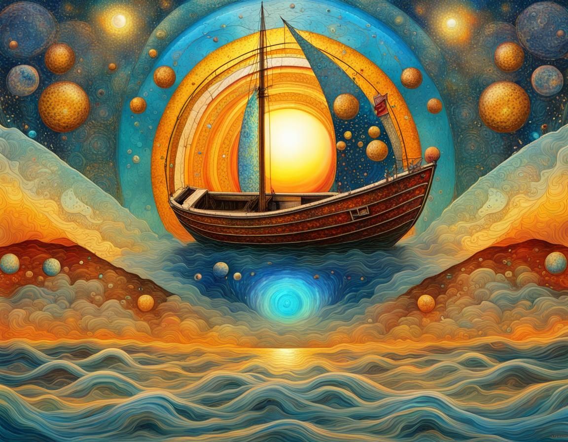 Boat on Sea Horizon in Fractal Cloisonné Style