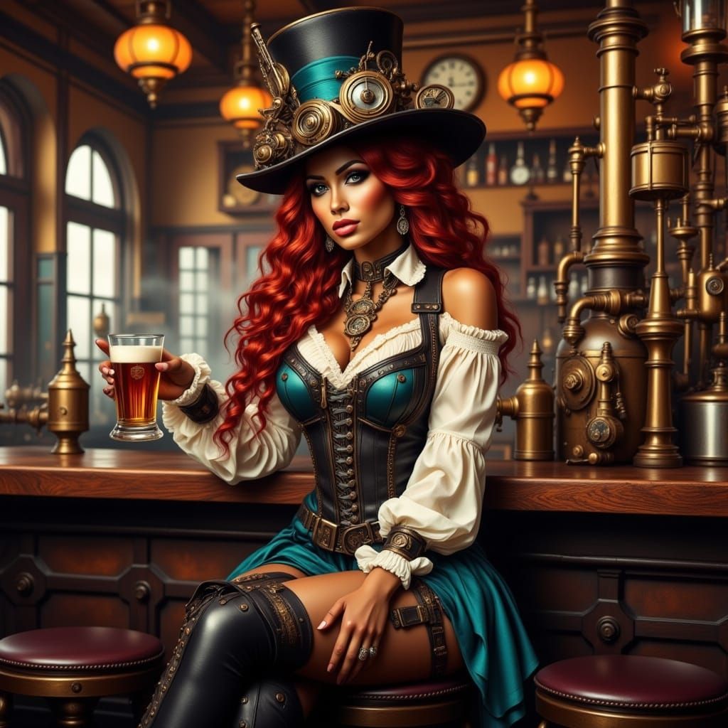 Steampunk Woman in Retro Bar, Concept Art Style