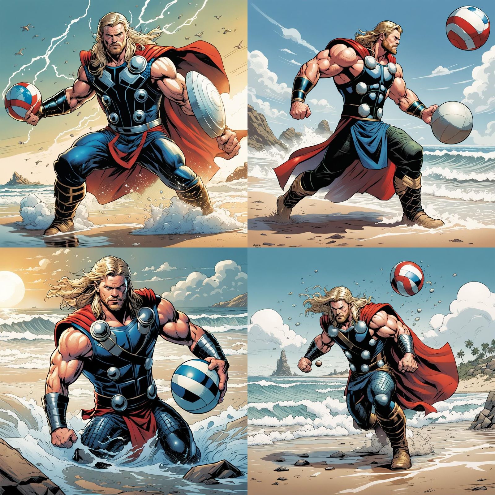 Thor on the Beach in Comic Book Style
