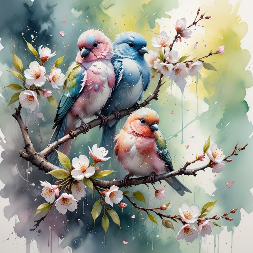 Pastel Lovebirds on Cherry Branch Forming Heart Shape