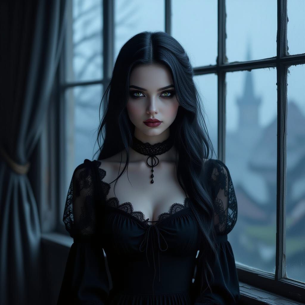 Gothic Girl in Dimly Lit Room with Foggy Night