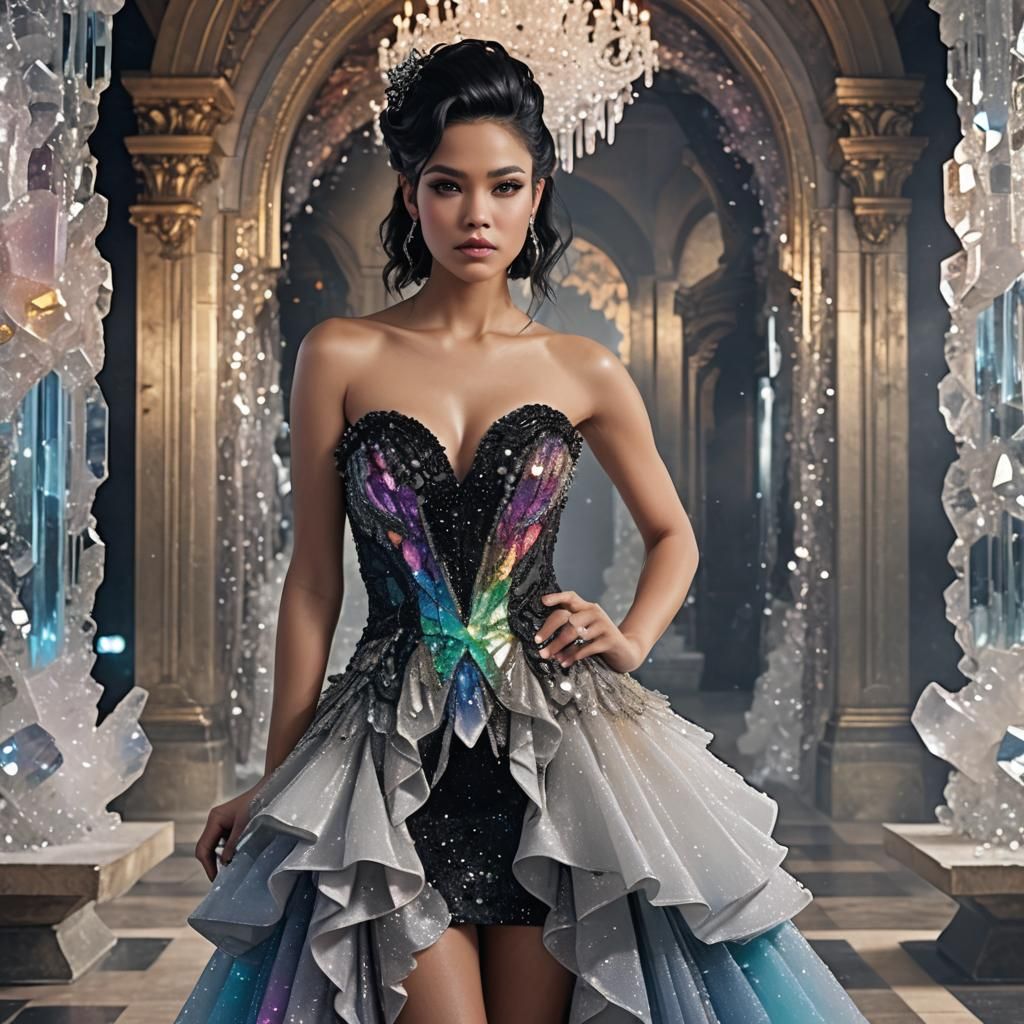 Woman in Crystal Dress in Ballroom, Hyperrealistic