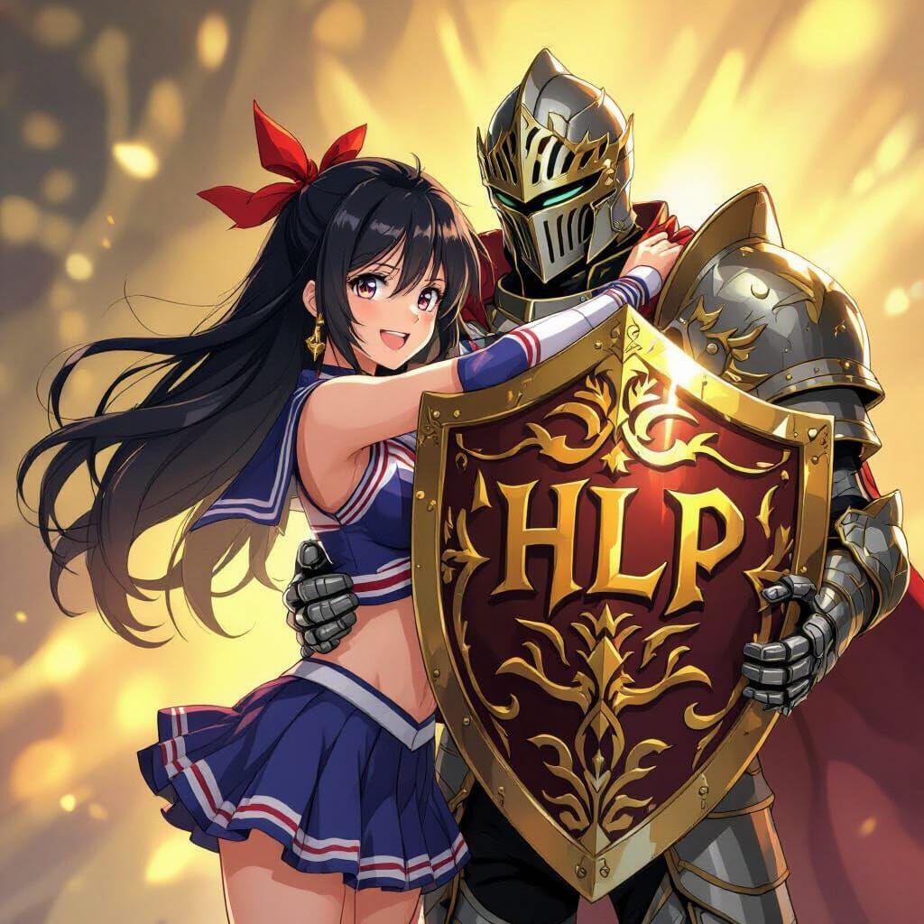 Anime Cheerleader Hugs Dragon Knight with 'Hlp' Shield