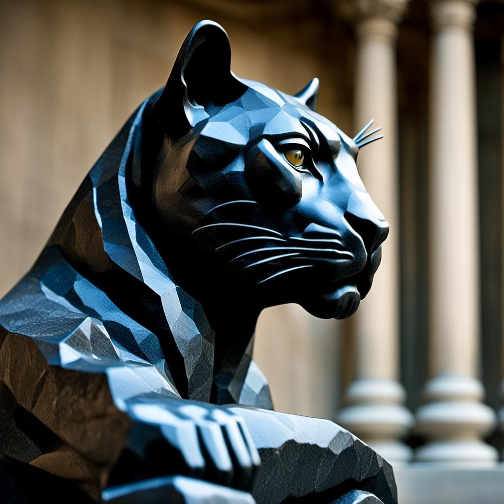 Black Puma Stone Sculpture in Thinker Pose