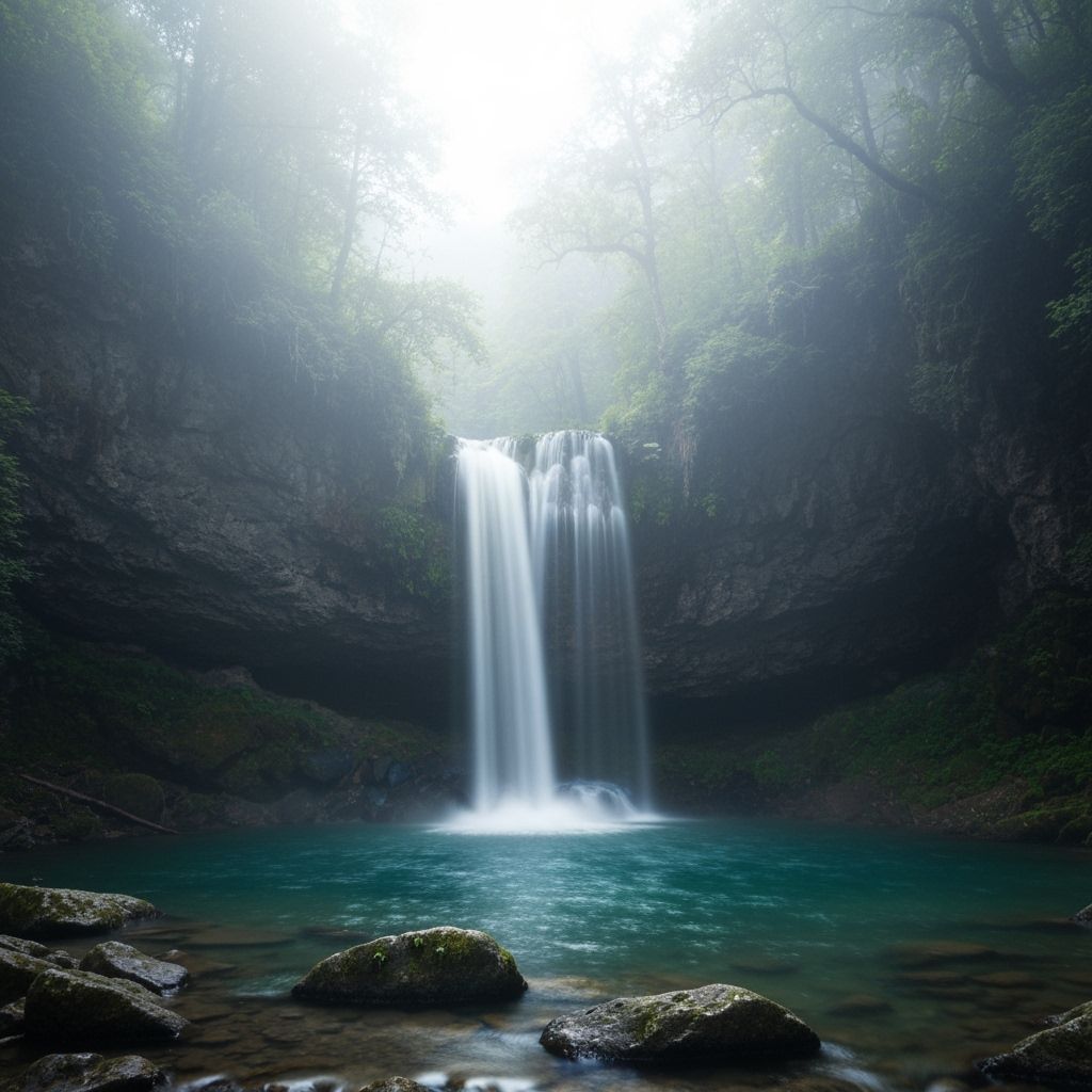 Enchanting Hidden Waterfall in Luminous Foggy Forest