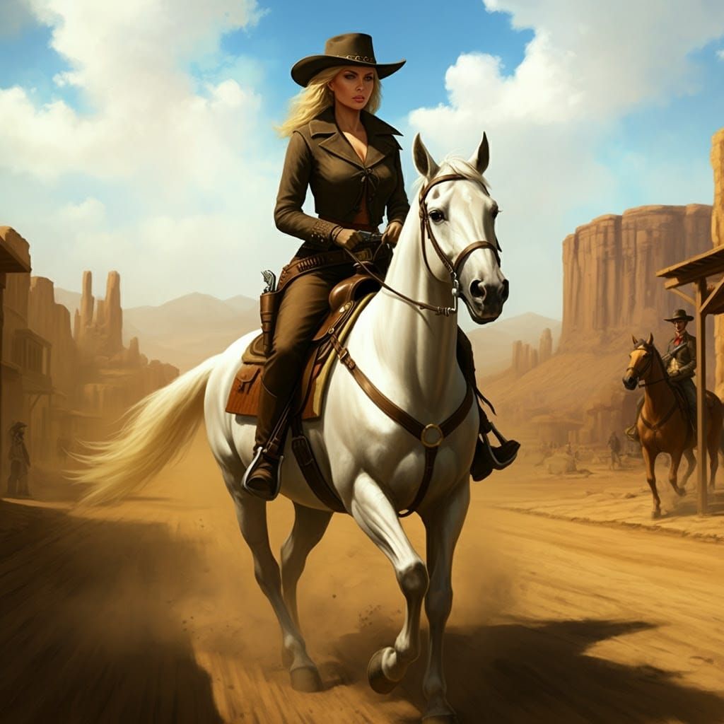 Blonde Gunfighter on White Horse in Retro Style