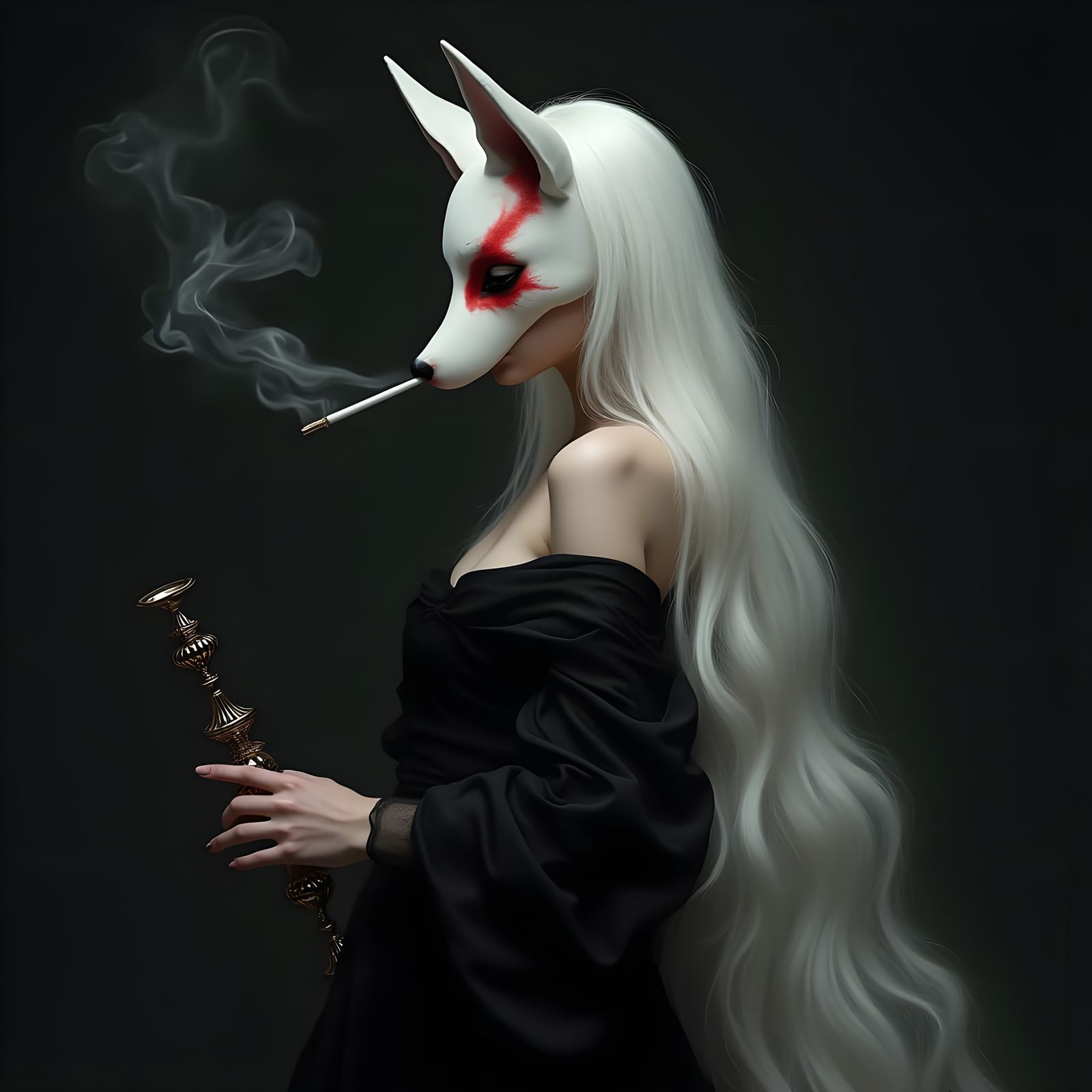 Mysterious Figure in White Fox Mask and Long White Hair