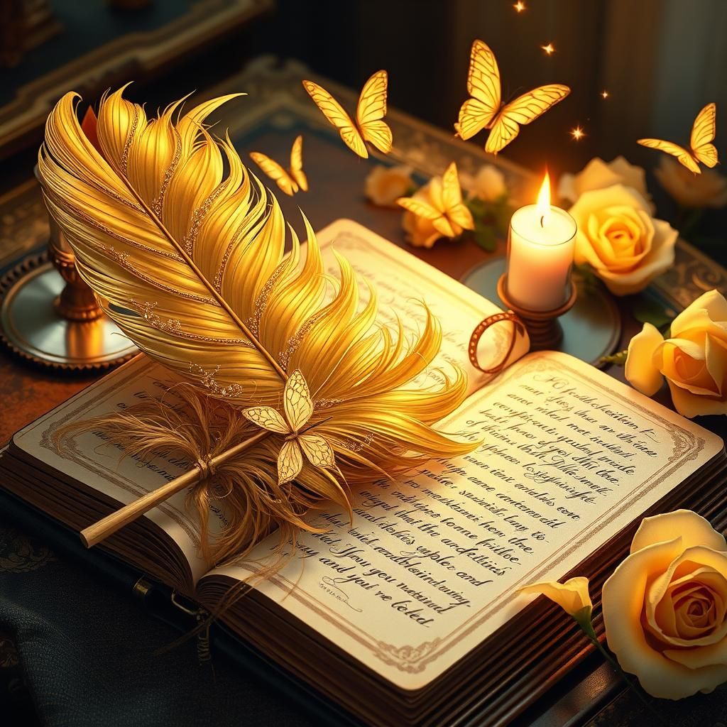 Golden Feather Still Life with Roses and Pearls