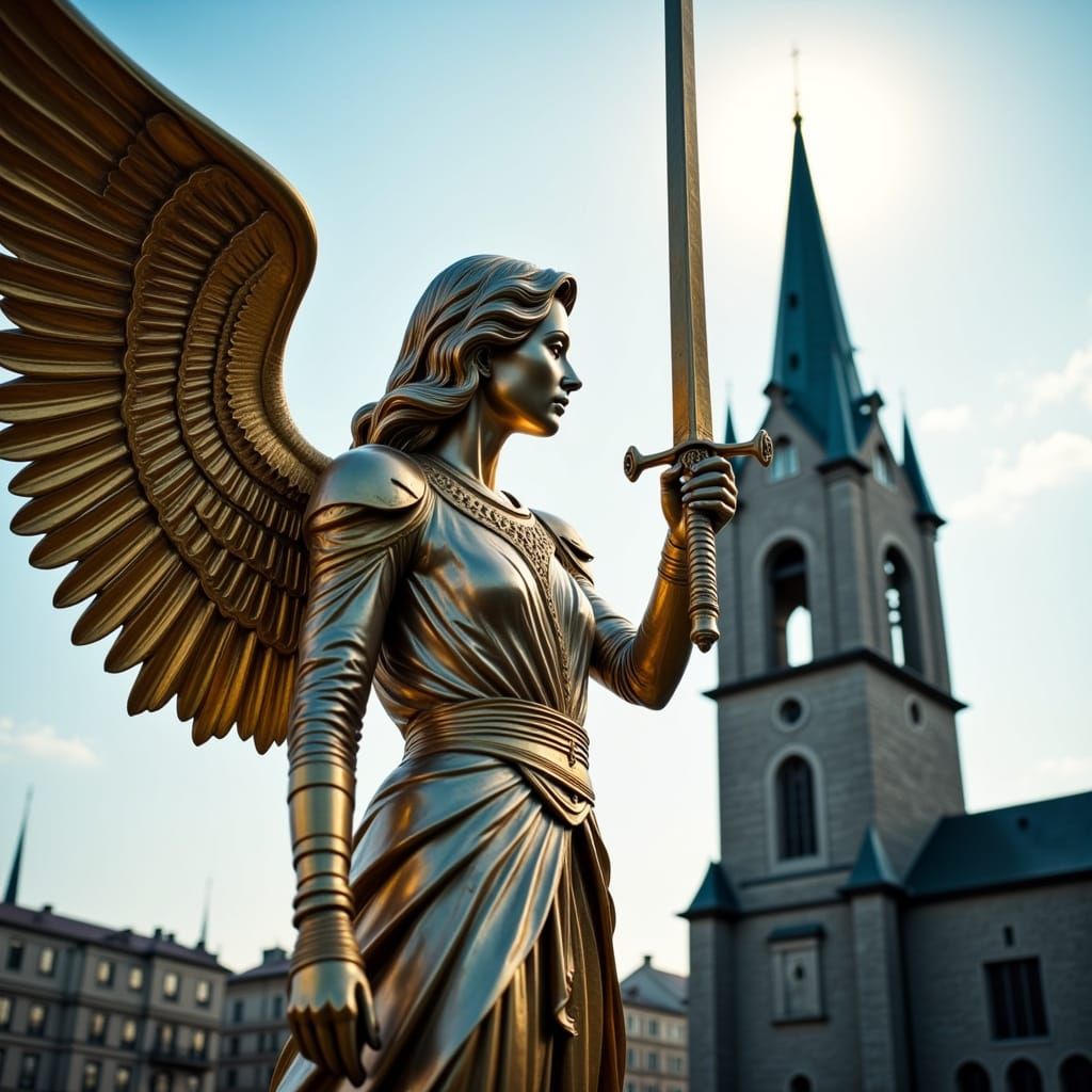 Armored Angel with Sword in Radiant Light