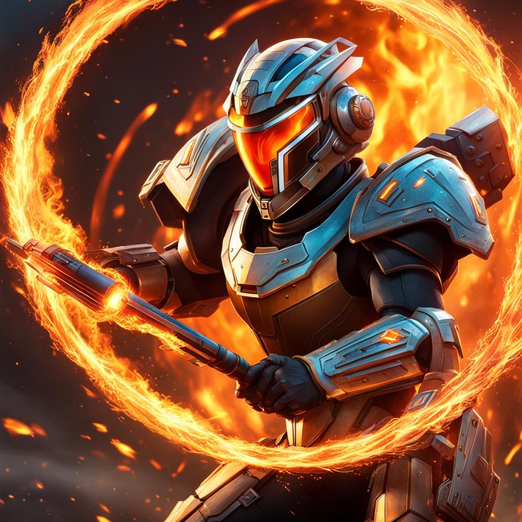 Android Fires Missiles with Flaming Shield: Splash Art