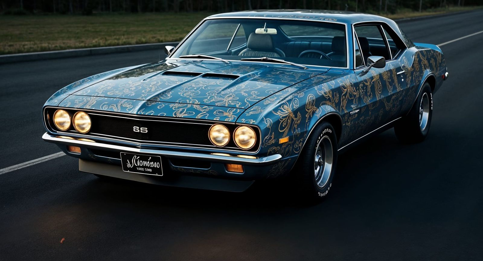 Paisley Camaro: Blue and Gold Photorealistic Detail