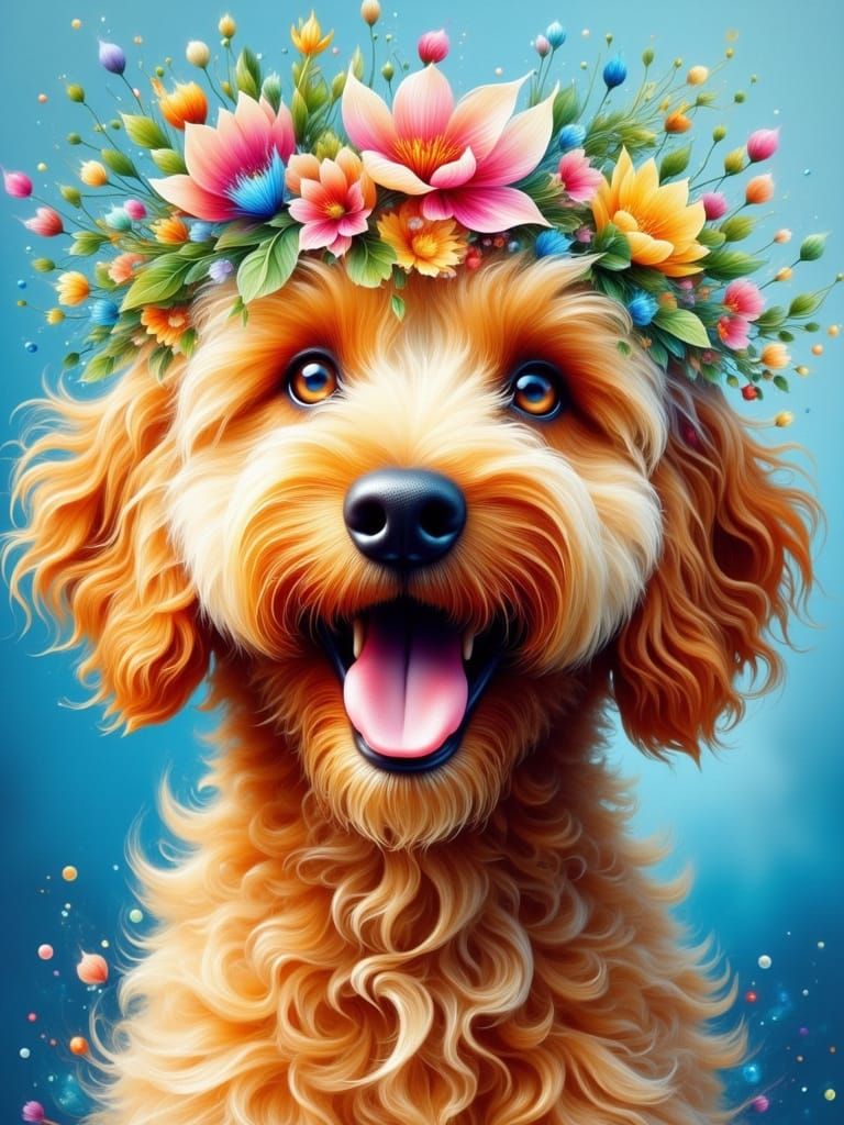 Golden Doodle with Floral Wreath, Splatter-Painted Backgroun...