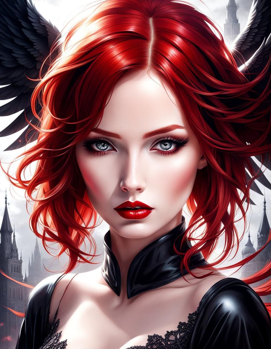 Beautiful Gothic Angel Portrait with Red Hair