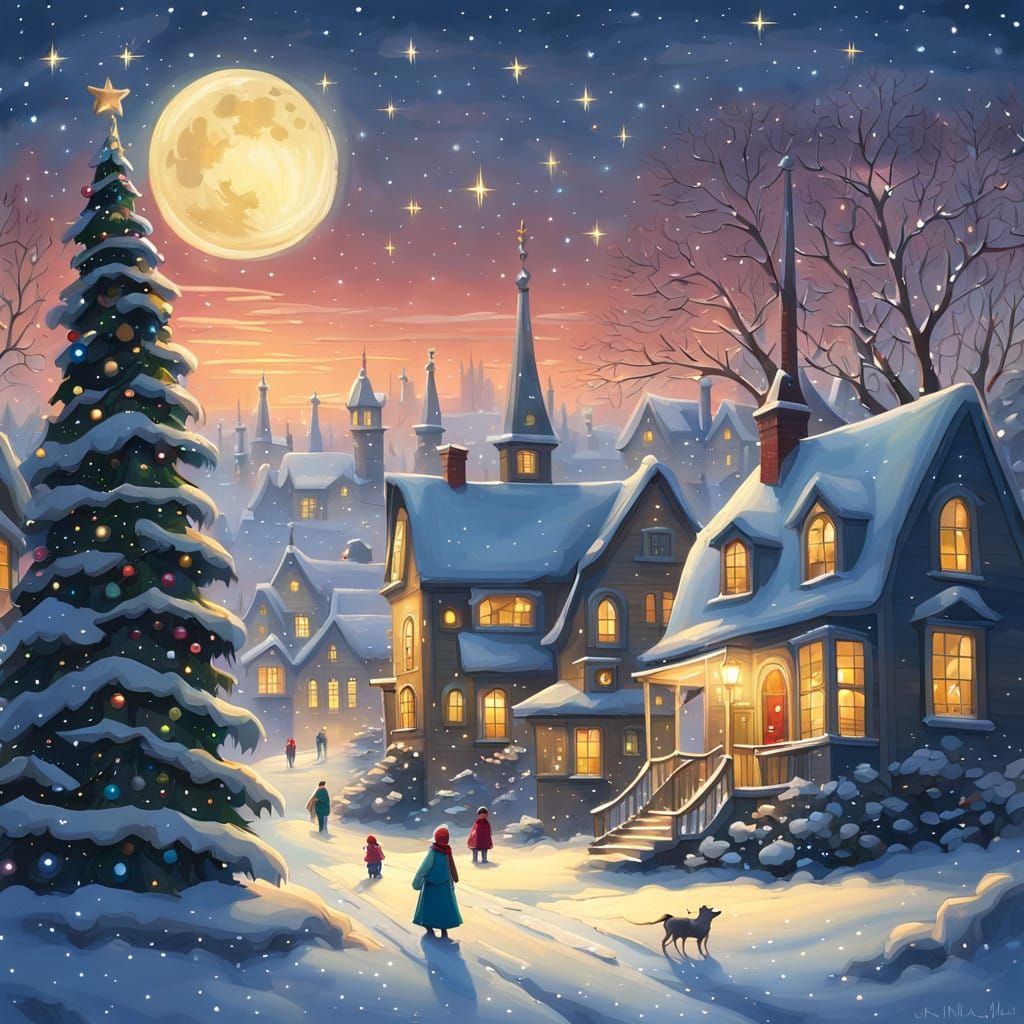 Christmas Eve Nightscape with a Majestic Tree