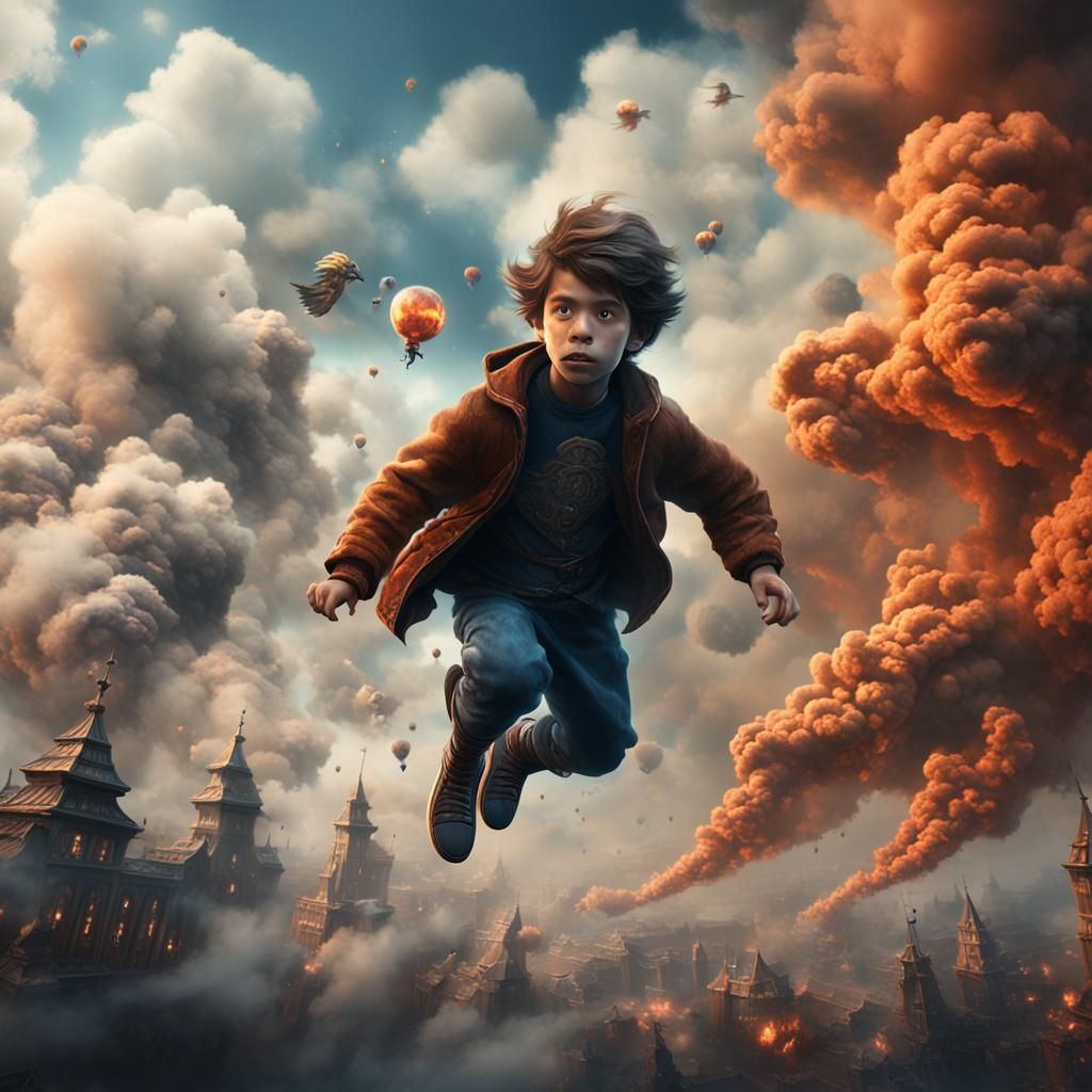 Child Soaring Through Smoke Clouds: Fantasy Concept Art