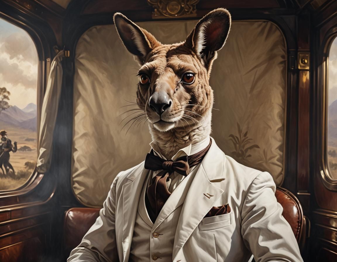 Elegant Anthropomorphic Kangaroo on the Orient Express