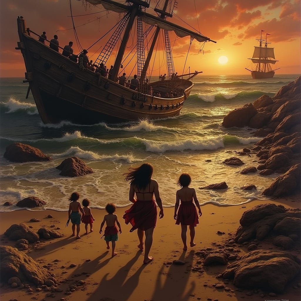 Hyperrealistic Shipwreck Survivors on a Desolate Beach