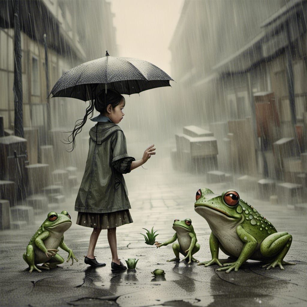 Girl Walks Frogs in Rain, Dark Fantasy Art
