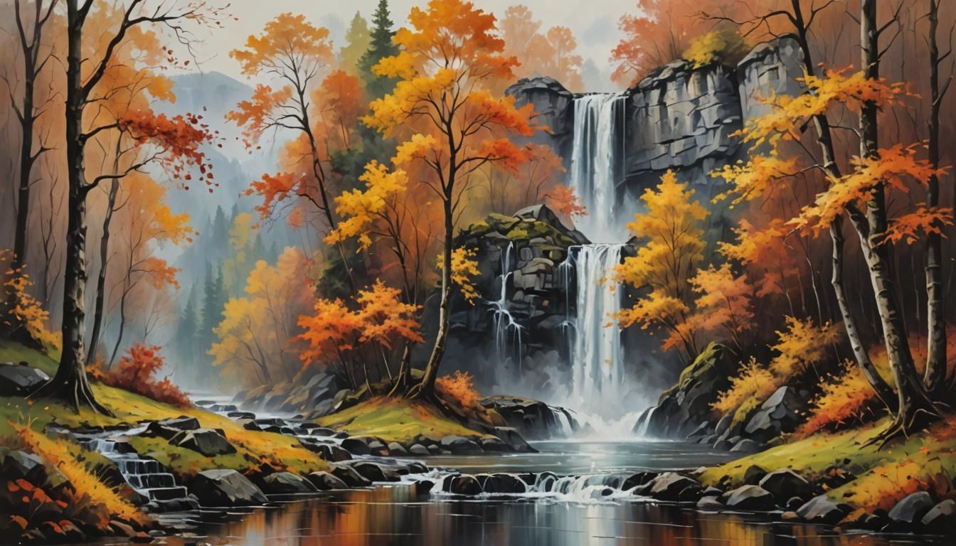 Autumn Waterfall Landscape in Wet-on-Wet Oil Painting