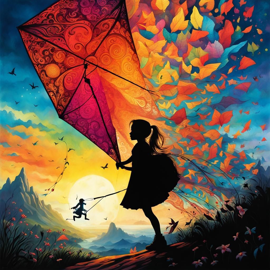 Fantasy Kite Silhouette in Vibrant Watercolor Art
