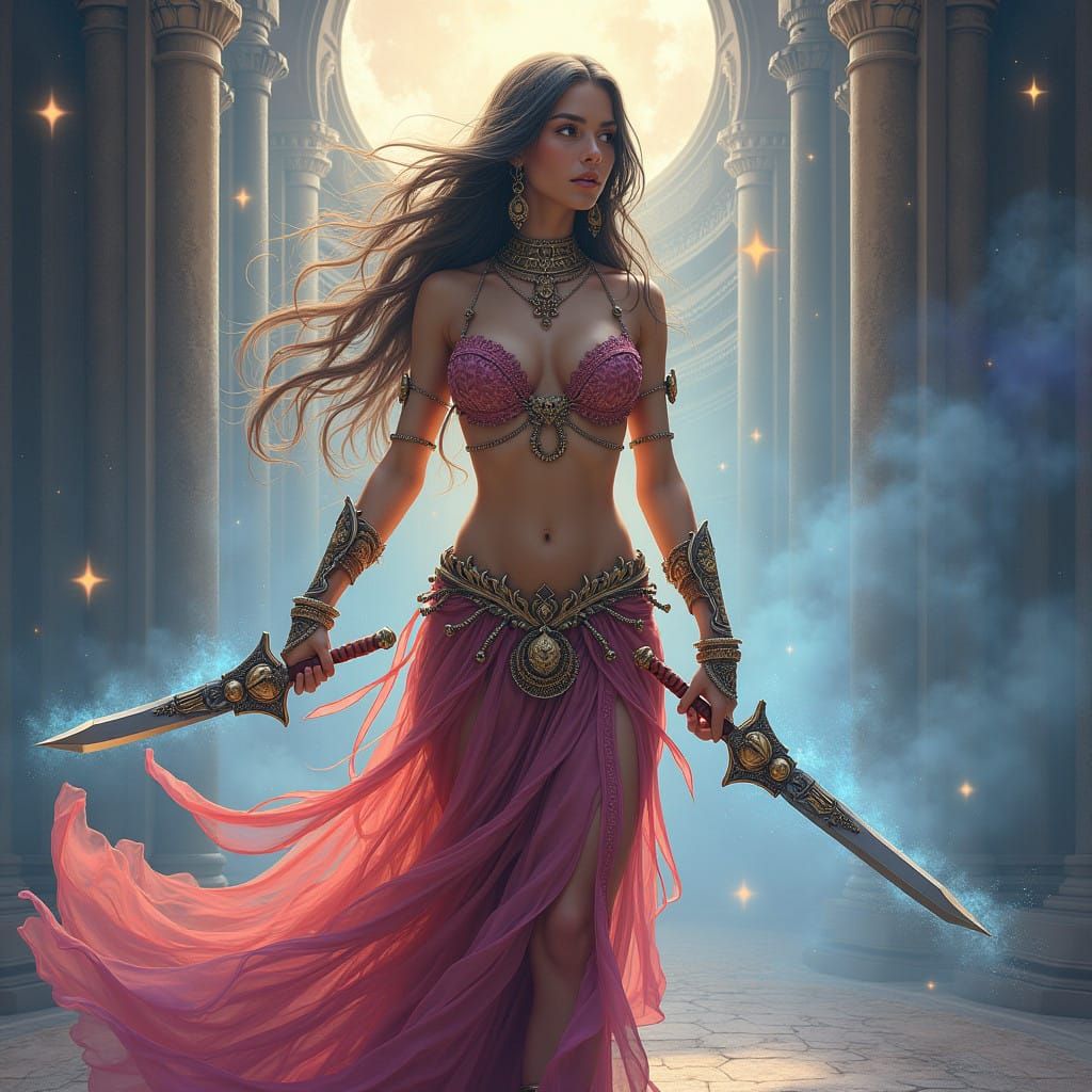 Enchanted Dancer Unveils Celestial Blade in Ethereal Mist
