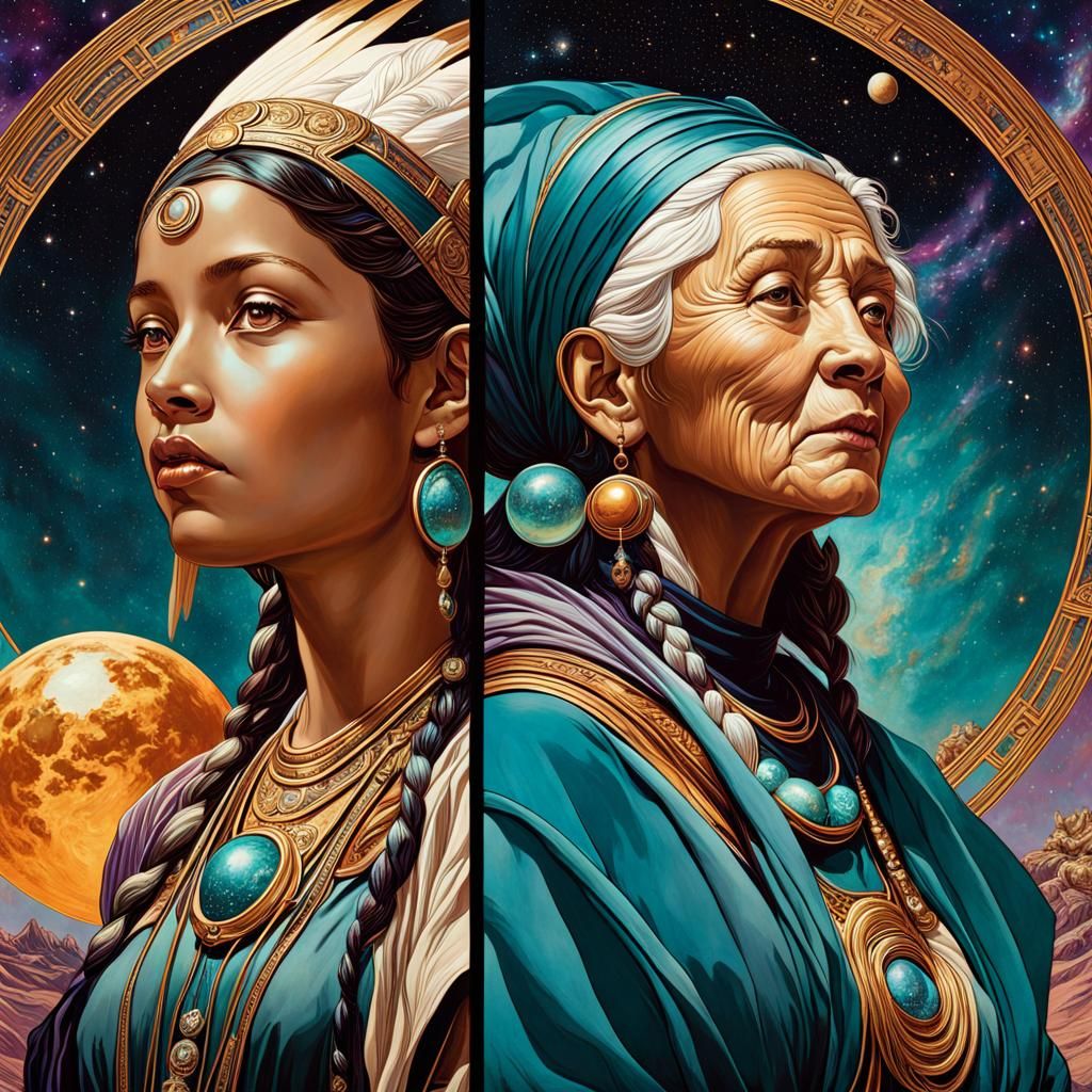 Triptych of Native Woman in Galactic Landscape