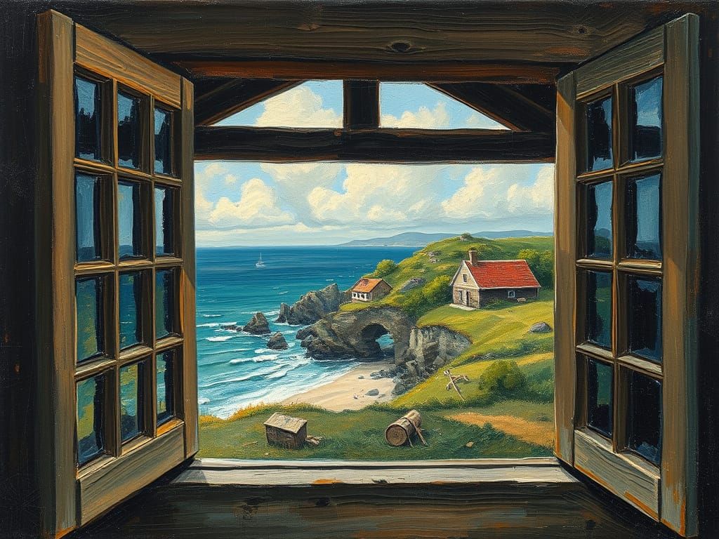 Coastal Cottage Scene in Warm Oil Painting Lighting