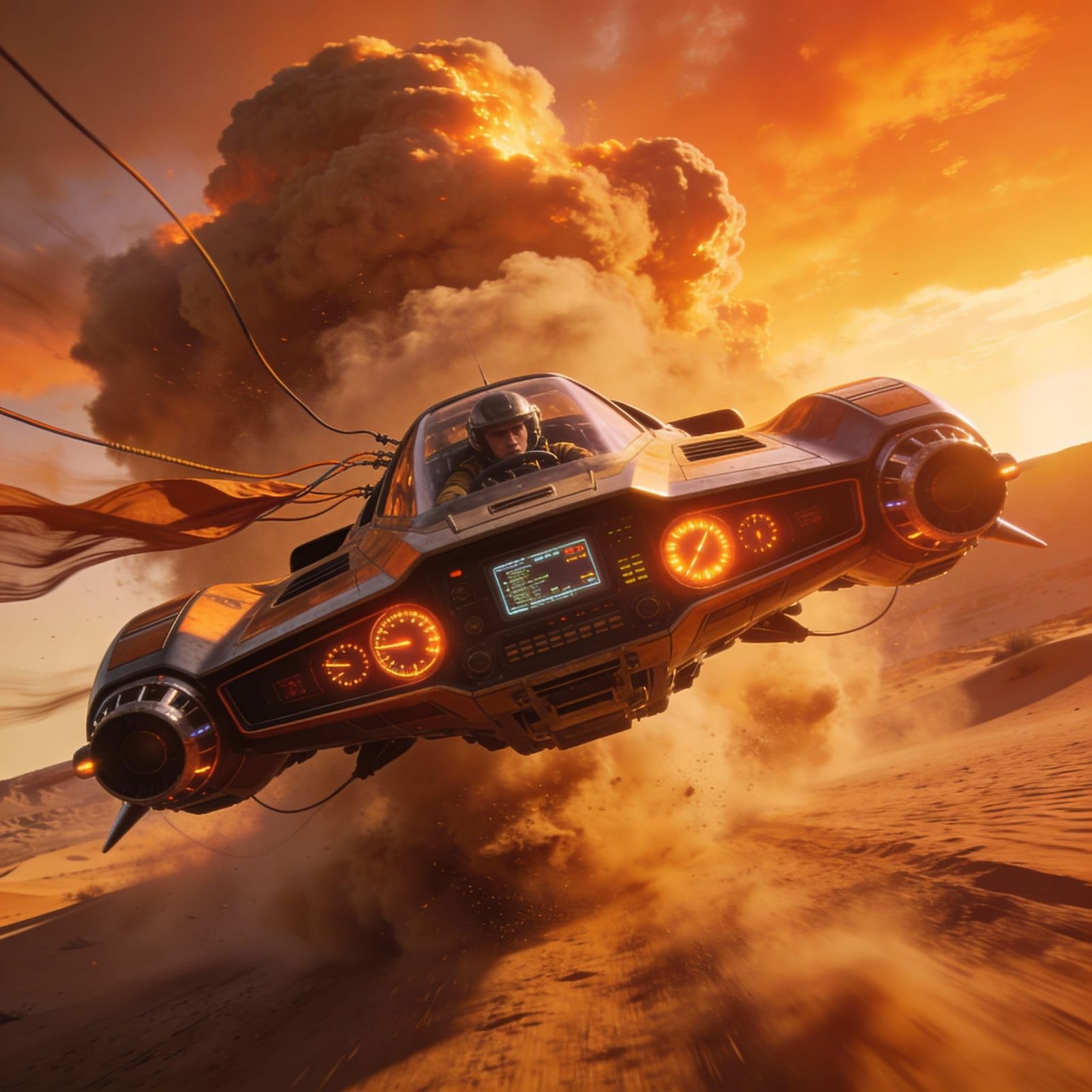 Retrofuturist Pilot Races Desert Car in Orange Sunset
