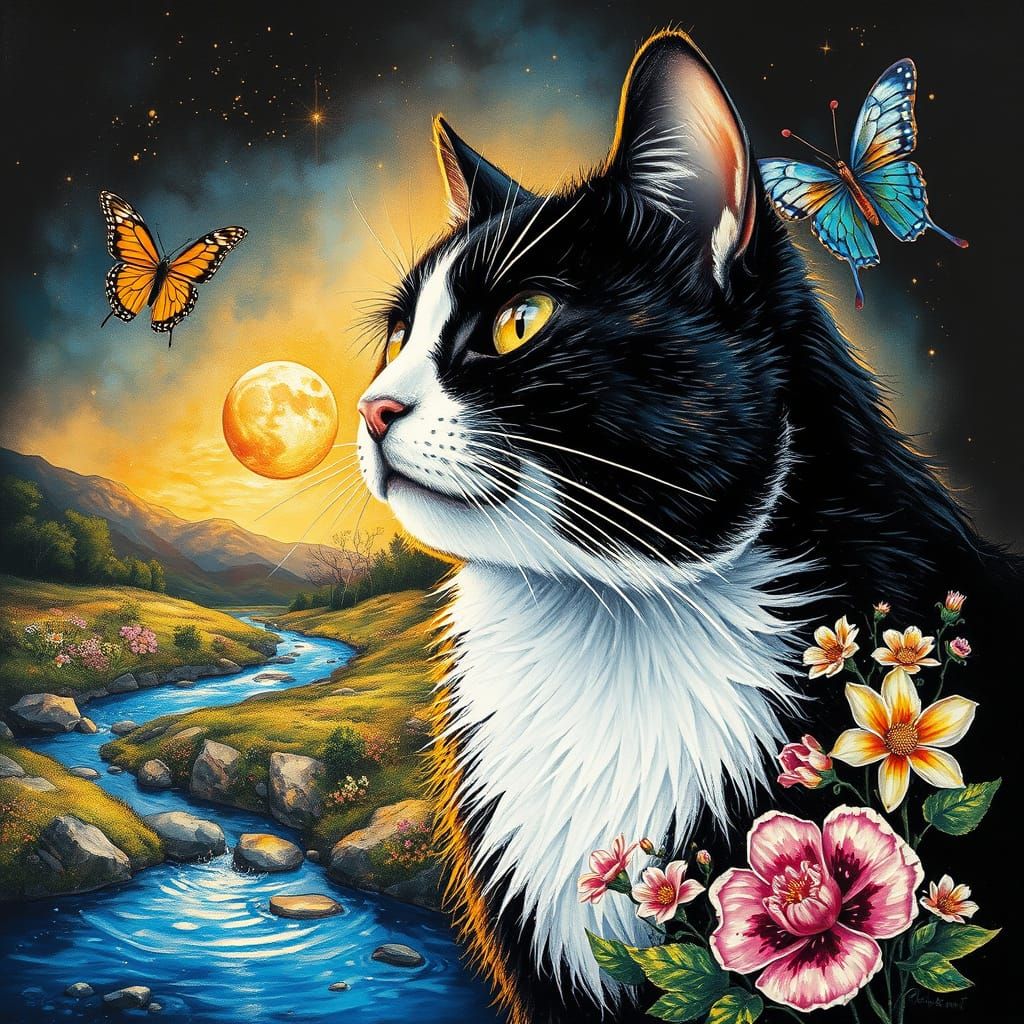 Surreal Sunset Scene with Elegant Tuxedo Cat and Whimsical B...